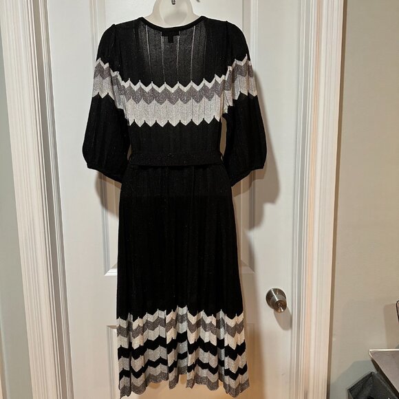 New Bebe Black/Grey/Silver Metallic Thread w/¾ Sleeves Midi Dress, Size L (NWOT) - Picture 11 of 12